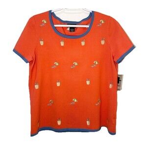 Hampshire Studio Lobster Embroidered Knit Top Orange Blue Trim Size L NWT